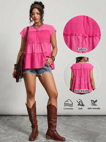 Freevana Plus Size Women's Solid Color Frill Trim Round Neck Frill Trim Loose Blouse Vacation Hot Pink Summer Boho Casual Soft Form Formal Office Vacation - Hot Pink - View 11