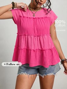 Freevana Plus Size Women's Solid Color Frill Trim Round Neck Frill Trim Loose Blouse Vacation Hot Pink Summer Boho Casual Soft Form Formal Office Vacation - Hot Pink - View 2