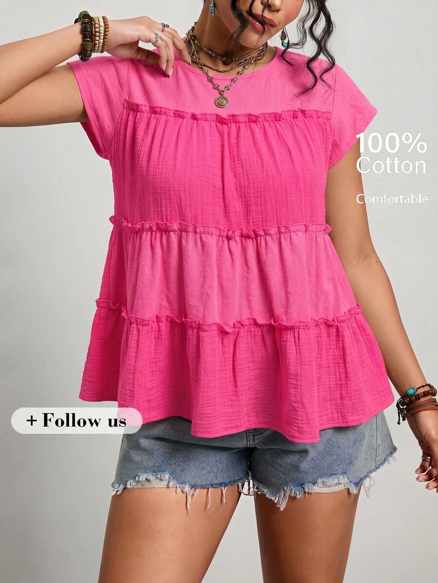 Freevana Plus Size Women's Solid Color Frill Trim Round Neck Frill Trim Loose Blouse Vacation Hot Pink Summer Boho Casual Soft Form Formal Office Vacation