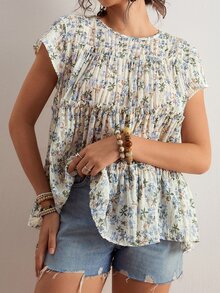 Freevana Camisa de Talla Grande Casual para Vacaciones con Estampado Floral - Celeste - Ver 3