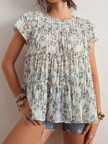 Freevana Camisa de Talla Grande Casual para Vacaciones con Estampado Floral - Celeste - Ver 1