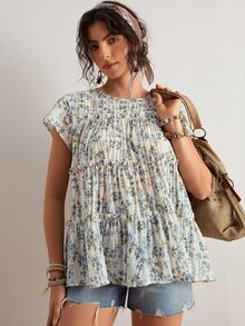 Freevana Camisa de Talla Grande Casual para Vacaciones con Estampado Floral - Celeste - Ver 5