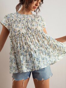 Freevana Camisa de Talla Grande Casual para Vacaciones con Estampado Floral - Celeste - Ver 4