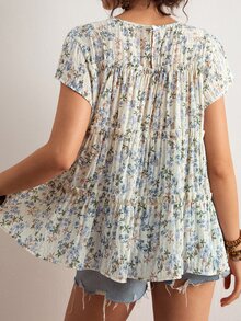 Freevana Camisa de Talla Grande Casual para Vacaciones con Estampado Floral - Celeste - Ver 2