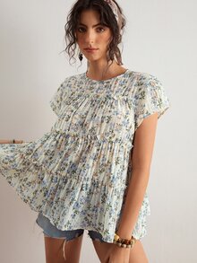 Freevana Camisa de Talla Grande Casual para Vacaciones con Estampado Floral - Celeste - Ver 6