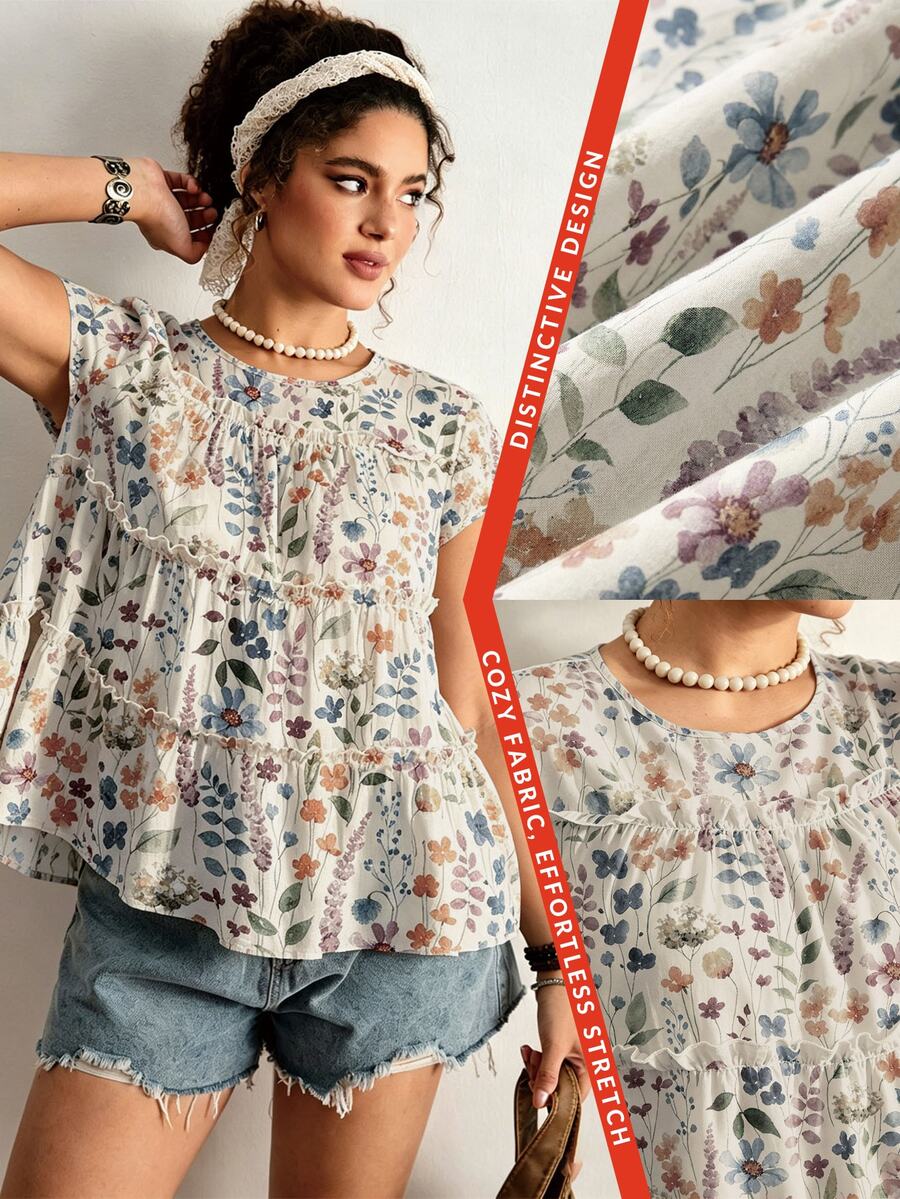 Freevana Plus Size Women's Sleeveless Layered Patchwork Blouse Vacation Beige Summer Elegant