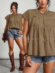 Freevana Plus Size Solid Color Ruffle Collar Casual Summer Shirt - Brown - View 8