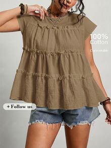 Freevana Plus Size Solid Color Ruffle Collar Casual Summer Shirt - Brown - View 2