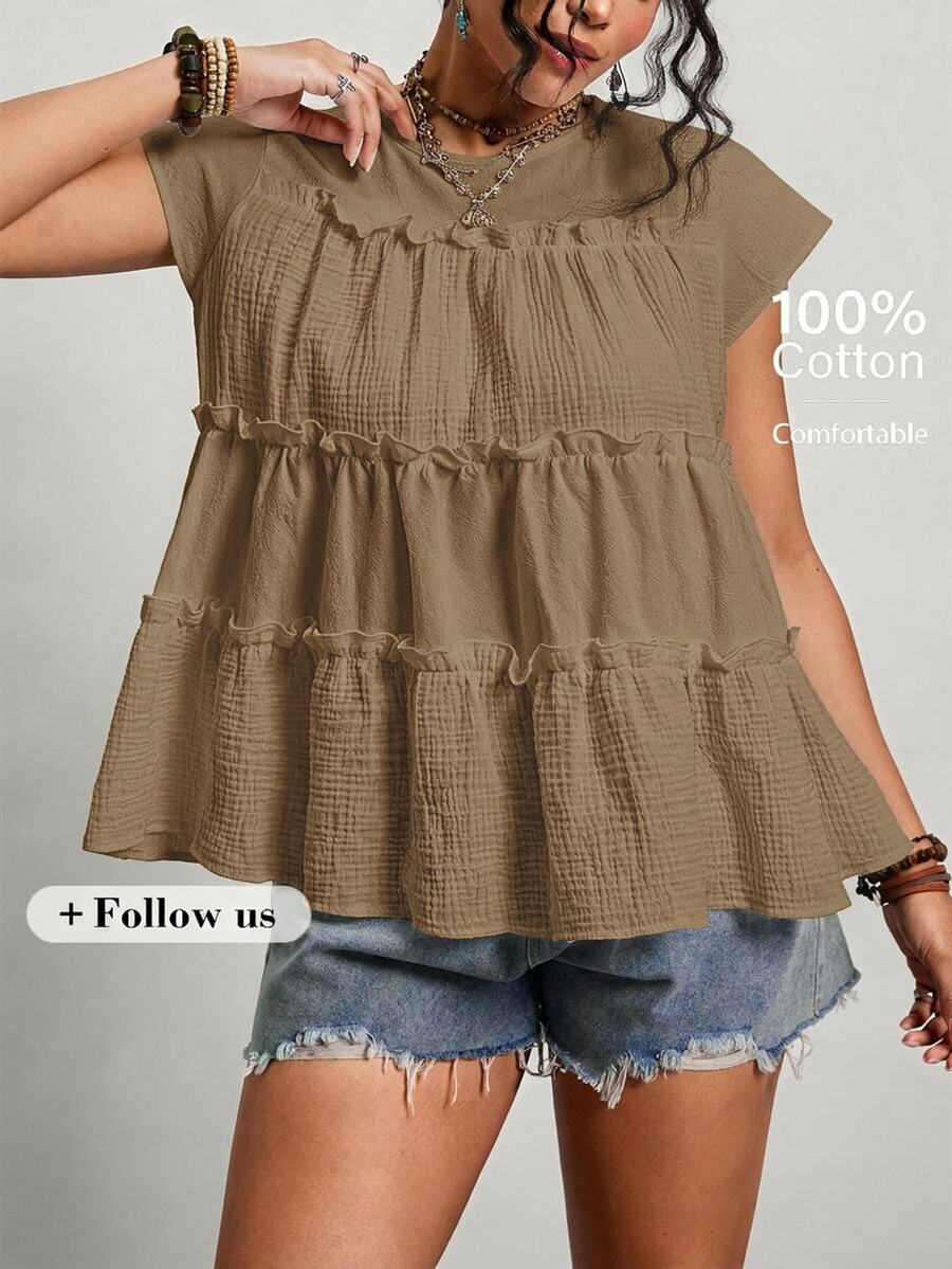 Freevana Plus Size Solid Color Ruffle Collar Casual Summer Shirt