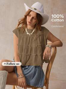 Freevana Plus Size Solid Color Ruffle Collar Casual Summer Shirt - Brown - View 9