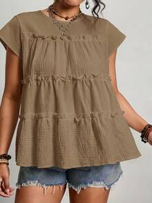 Freevana Plus Size Solid Color Ruffle Collar Casual Summer Shirt - Brown - View 7