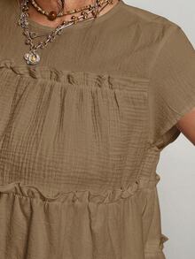 Freevana Plus Size Solid Color Ruffle Collar Casual Summer Shirt - Brown - View 4