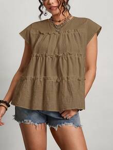 Freevana Plus Size Solid Color Ruffle Collar Casual Summer Shirt - Brown - View 6