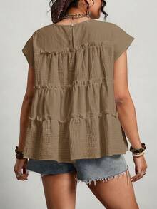 Freevana Plus Size Solid Color Ruffle Collar Casual Summer Shirt - Brown - View 3