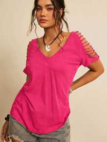 Freevana Plus Size Women's Solid Color Casual Versatile Everyday T-Shirt - Hot Pink - View 5