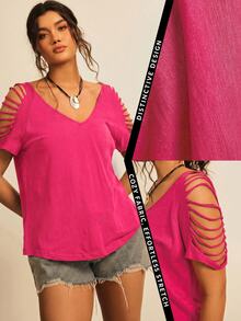 Freevana Plus Size Women's Solid Color Casual Versatile Everyday T-Shirt - Hot Pink - View 8