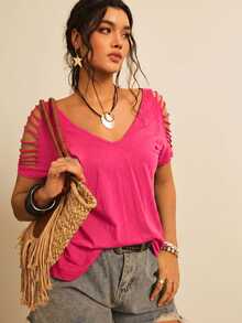 Freevana Plus Size Women's Solid Color Casual Versatile Everyday T-Shirt - Hot Pink - View 7