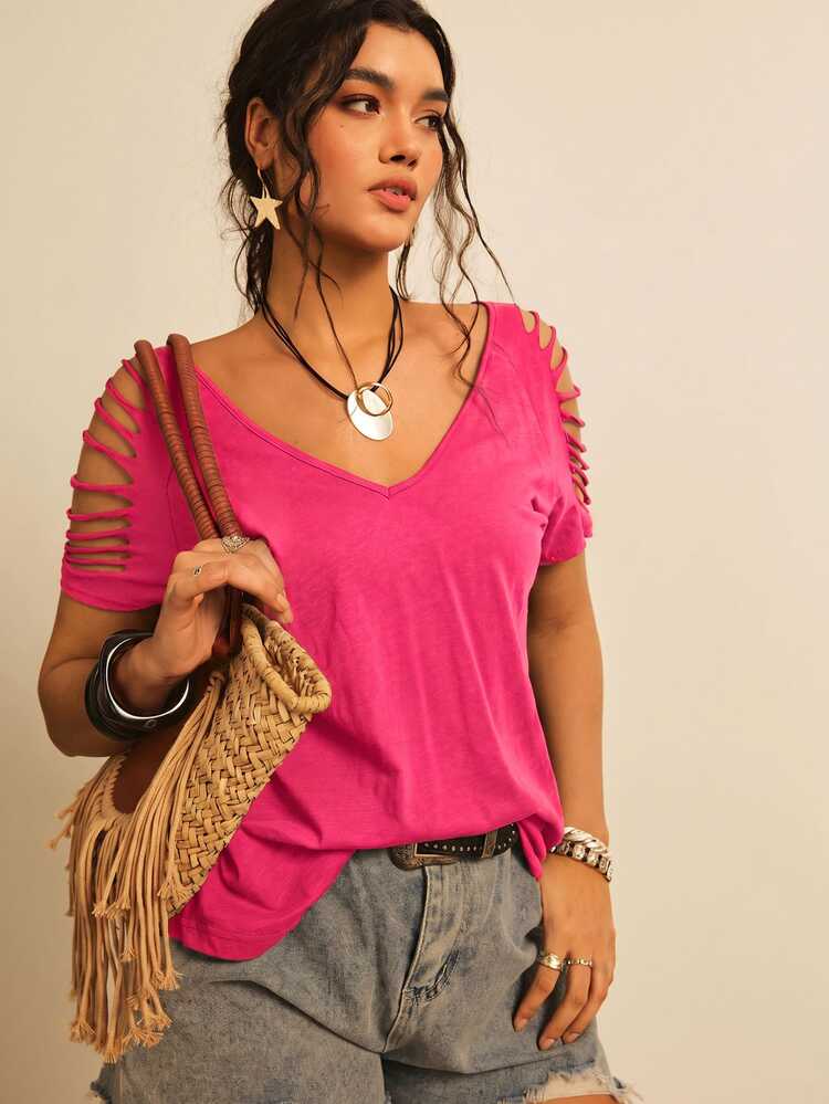 Freevana Plus Size Women's Solid Color Casual Versatile Everyday T-Shirt - Hot Pink - View 6