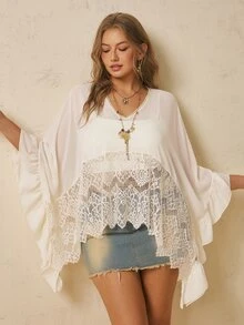 Freevana 女款大尺碼V領七分袖透視襯衫，純杏色，飄逸優雅休閒街頭風波希米亞音樂節穿搭，蕾絲拼接春夏季女裝大尺碼上衣 - 杏色 - 查看 8