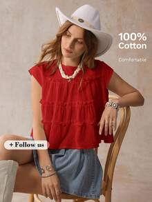 Freevana Plus Size Women's Solid Color Round Neck Multi-Layer Frill Trim Loose Blouse Vacation Red Summer Boho - Red - View 11
