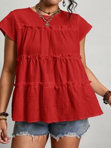 Freevana Plus Size Women's Solid Color Round Neck Multi-Layer Frill Trim Loose Blouse Vacation Red Summer Boho - Red - View 8