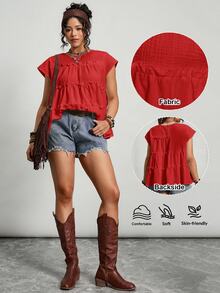 Freevana Plus Size Women's Solid Color Round Neck Multi-Layer Frill Trim Loose Blouse Vacation Red Summer Boho - Red - View 6