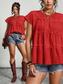 Freevana Plus Size Women's Solid Color Round Neck Multi-Layer Frill Trim Loose Blouse Vacation Red Summer Boho - Red - View 10