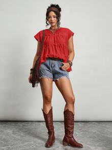 Freevana Plus Size Women's Solid Color Round Neck Multi-Layer Frill Trim Loose Blouse Vacation Red Summer Boho - Red - View 5