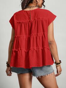 Freevana Plus Size Women's Solid Color Round Neck Multi-Layer Frill Trim Loose Blouse Vacation Red Summer Boho - Red - View 3