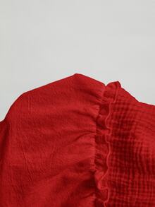 Freevana Plus Size Women's Solid Color Round Neck Multi-Layer Frill Trim Loose Blouse Vacation Red Summer Boho - Red - View 13