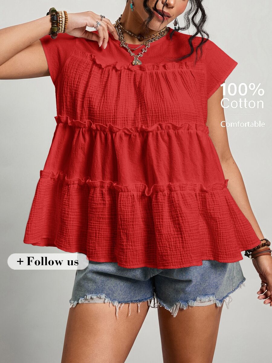 Freevana Plus Size Women's Solid Color Round Neck Multi-Layer Frill Trim Loose Blouse Vacation Red Summer Boho