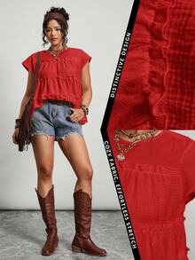 Freevana Plus Size Women's Solid Color Round Neck Multi-Layer Frill Trim Loose Blouse Vacation Red Summer Boho - Red - View 12