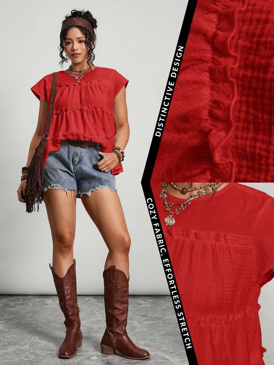 Freevana Plus Size Women's Solid Color Round Neck Multi-Layer Frill Trim Loose Blouse Vacation Red Summer Boho