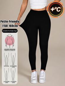 SHEIN PETITE 休閒百搭純色高腰修身長褲，保暖發熱布料，適合健身房，秋冬穿著，小個子適用 - 黑色 - 查看 12