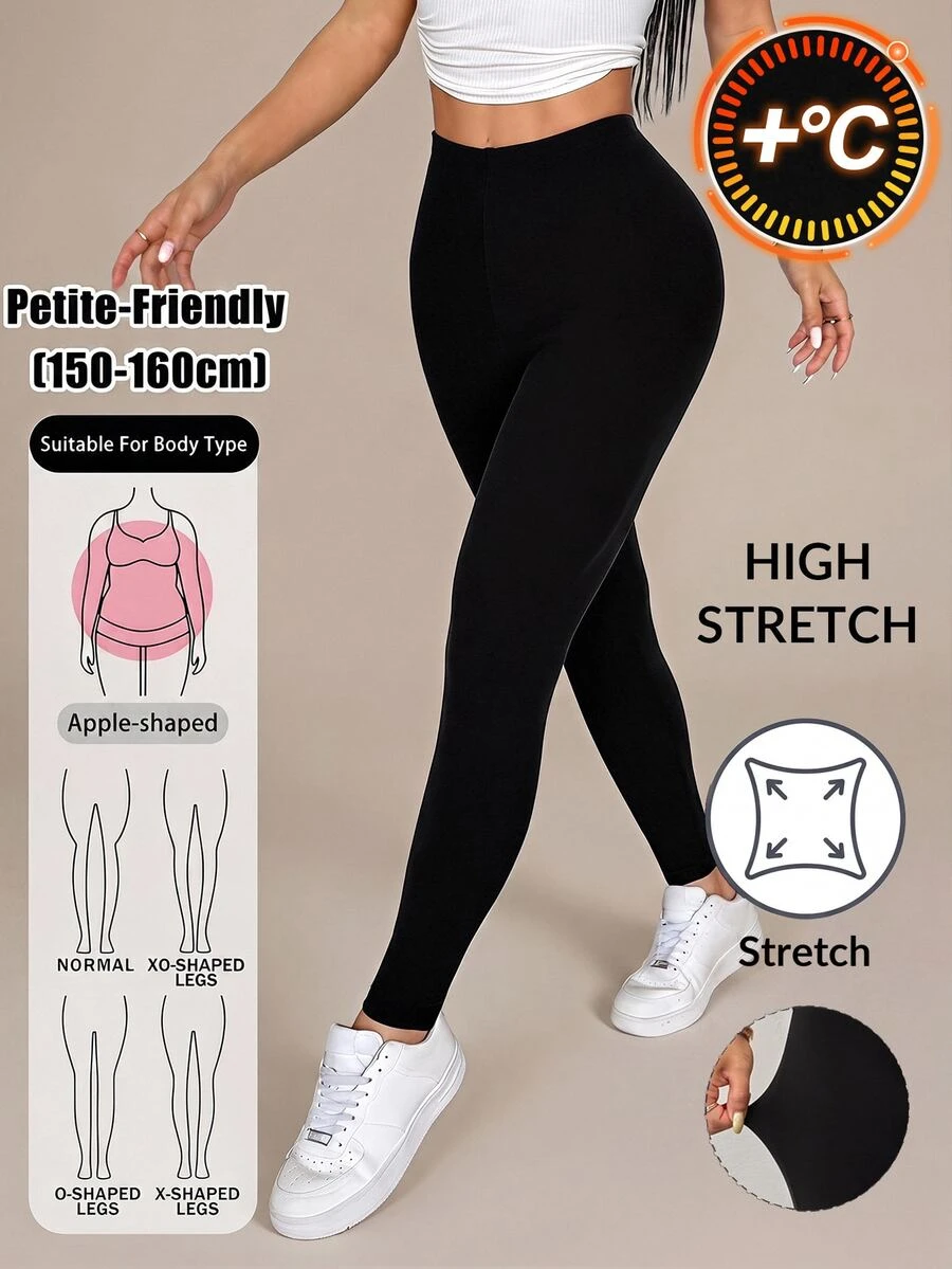 SHEIN PETITE 休閒百搭純色高腰修身長褲,保暖發熱布料,適合健身房,秋冬穿著,小個子適用 - 黑色 - 查看 1
