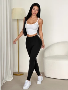 SHEIN PETITE 休閒百搭純色高腰修身長褲，保暖發熱布料，適合健身房，秋冬穿著，小個子適用 - 黑色 - 查看 7