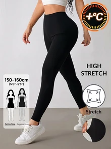 SHEIN PETITE 休閒百搭純色高腰修身長褲，保暖發熱布料，適合健身房，秋冬穿著，小個子適用 - 黑色 - 查看 13