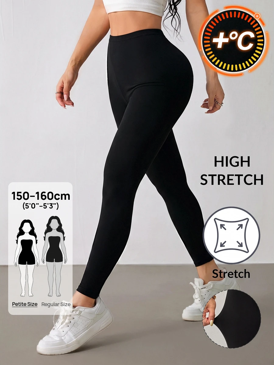 SHEIN PETITE Casual Versatile Solid Color High Waist Slim Fit Long Pants,Thermal Fabric,Warm Pants,Suitable For Gyms,Fall/Winter,Petite - Black - View 1