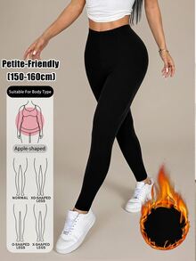 SHEIN PETITE 休閒百搭純色高腰修身長褲，保暖發熱布料，適合健身房，秋冬穿著，小個子適用 - 黑色 - 查看 11