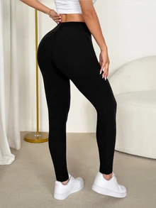 SHEIN PETITE 休閒百搭純色高腰修身長褲，保暖發熱布料，適合健身房，秋冬穿著，小個子適用 - 黑色 - 查看 2