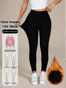 SHEIN PETITE 休閒百搭純色高腰修身長褲，保暖發熱布料，適合健身房，秋冬穿著，小個子適用 - 黑色 - 查看 10