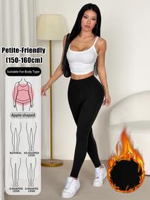 SHEIN PETITE 休閒百搭純色高腰修身長褲，保暖發熱布料，適合健身房，秋冬穿著，小個子適用 - 黑色 - 查看 4