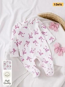 SHEIN 5件隨機發送 1件新生女嬰連身衣套裝，白色、深紫色、粉色、杏色，秋冬款，柔軟輕盈精緻可愛櫻花設計 - 彩色 - 查看 6