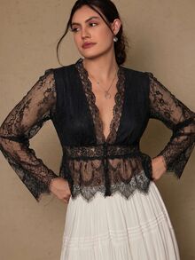 Freevana 女款透視純黑色蕾絲V領收腰流暢舒適襯衫上衣，優雅休閒街頭風，春夏季大尺碼上衣 - 黑色 - 查看 8
