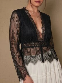 Freevana 女款透視純黑色蕾絲V領收腰流暢舒適襯衫上衣，優雅休閒街頭風，春夏季大尺碼上衣 - 黑色 - 查看 9