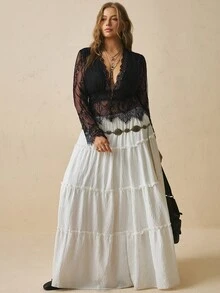Freevana 女款透視純黑色蕾絲V領收腰流暢舒適襯衫上衣，優雅休閒街頭風，春夏季大尺碼上衣 - 黑色 - 查看 4