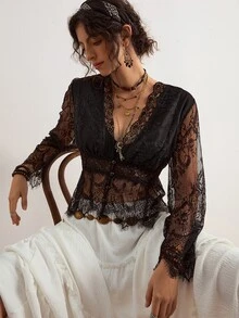 Freevana 女款透視純黑色蕾絲V領收腰流暢舒適襯衫上衣，優雅休閒街頭風，春夏季大尺碼上衣 - 黑色 - 查看 12