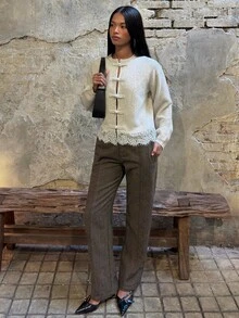 SHEIN BAE Regular Women's New Chinese Style Lace Patchwork Knit Cardigan - Apricot - View 3
