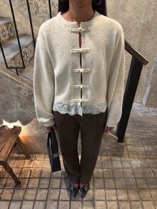 SHEIN BAE Regular Women's New Chinese Style Lace Patchwork Knit Cardigan - Apricot - View 5