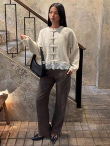 SHEIN BAE Regular Women's New Chinese Style Lace Patchwork Knit Cardigan - Apricot - View 6